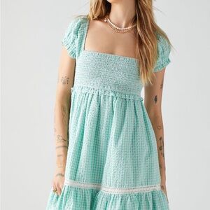 Urban Outfitters Marseille Gingham Smocked Mini Dress - Mint